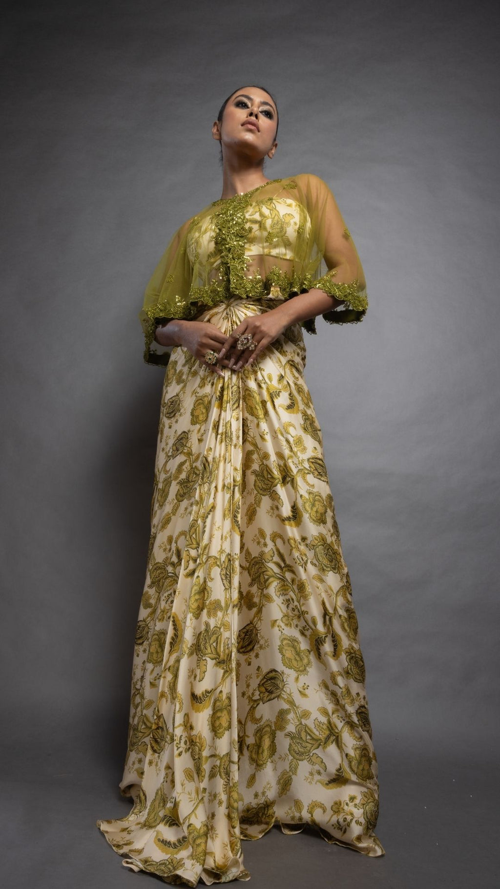 Solid Olive Embroidered Single Button Short Cape with Abstract Printed Bustier and Floral Abstract Printed Drape Skirt