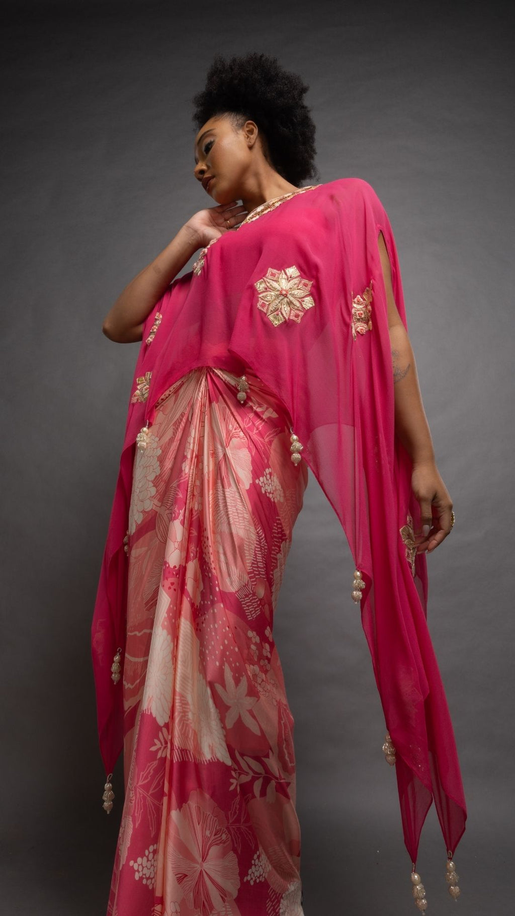 Pink Embroidered Short Closed Neck Poncho with A Bustier and Floral Jaal Printed Drape Skirt