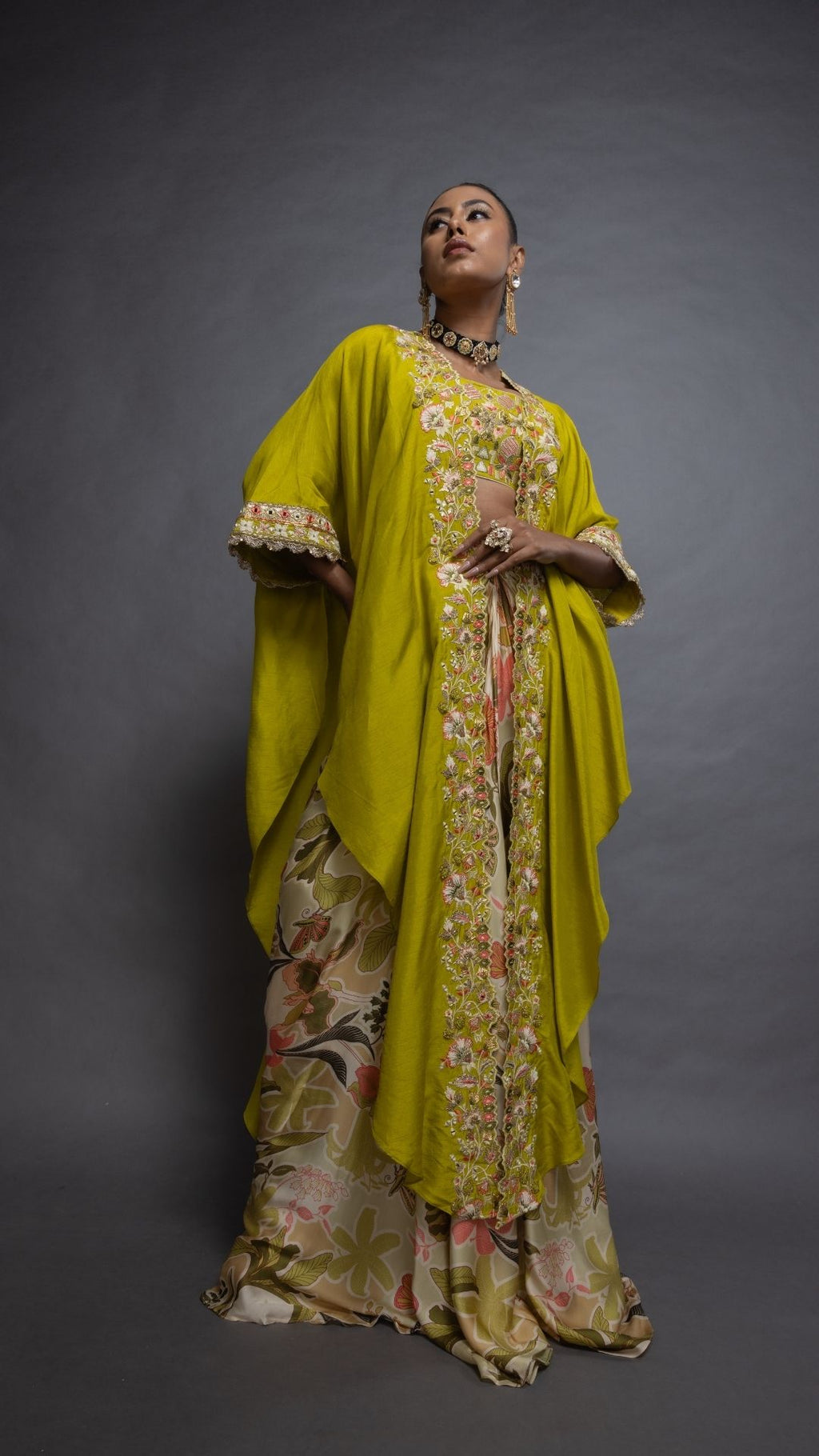 Olive Silk Cutwork Embroiderd Cape with Olive Embroidered Bustier and Modal Printed Drape Skirt