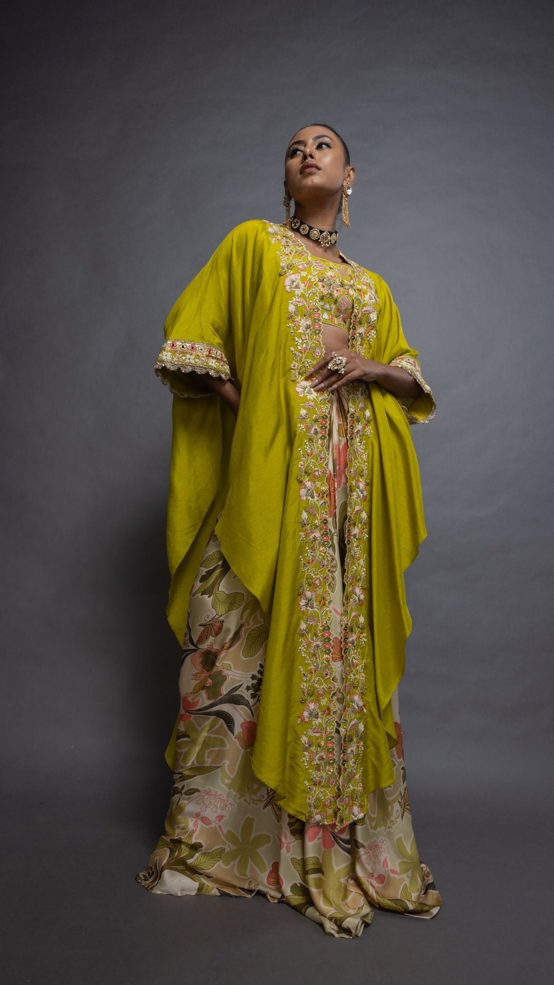 Olive Silk Cutwork Embroiderd Cape with Olive Embroidered Bustier and Modal Printed Drape Skirt