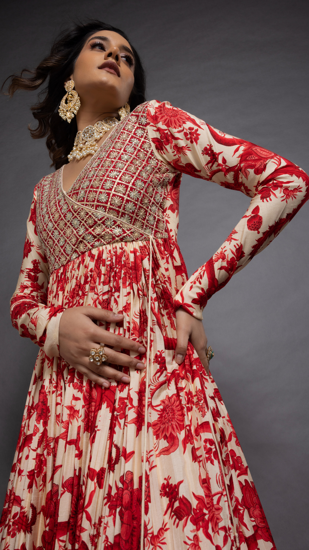 Red Embroidered Mock Tie Up Yoke & Floral Printed Angrakha with Solid Red Pant and Dupatta