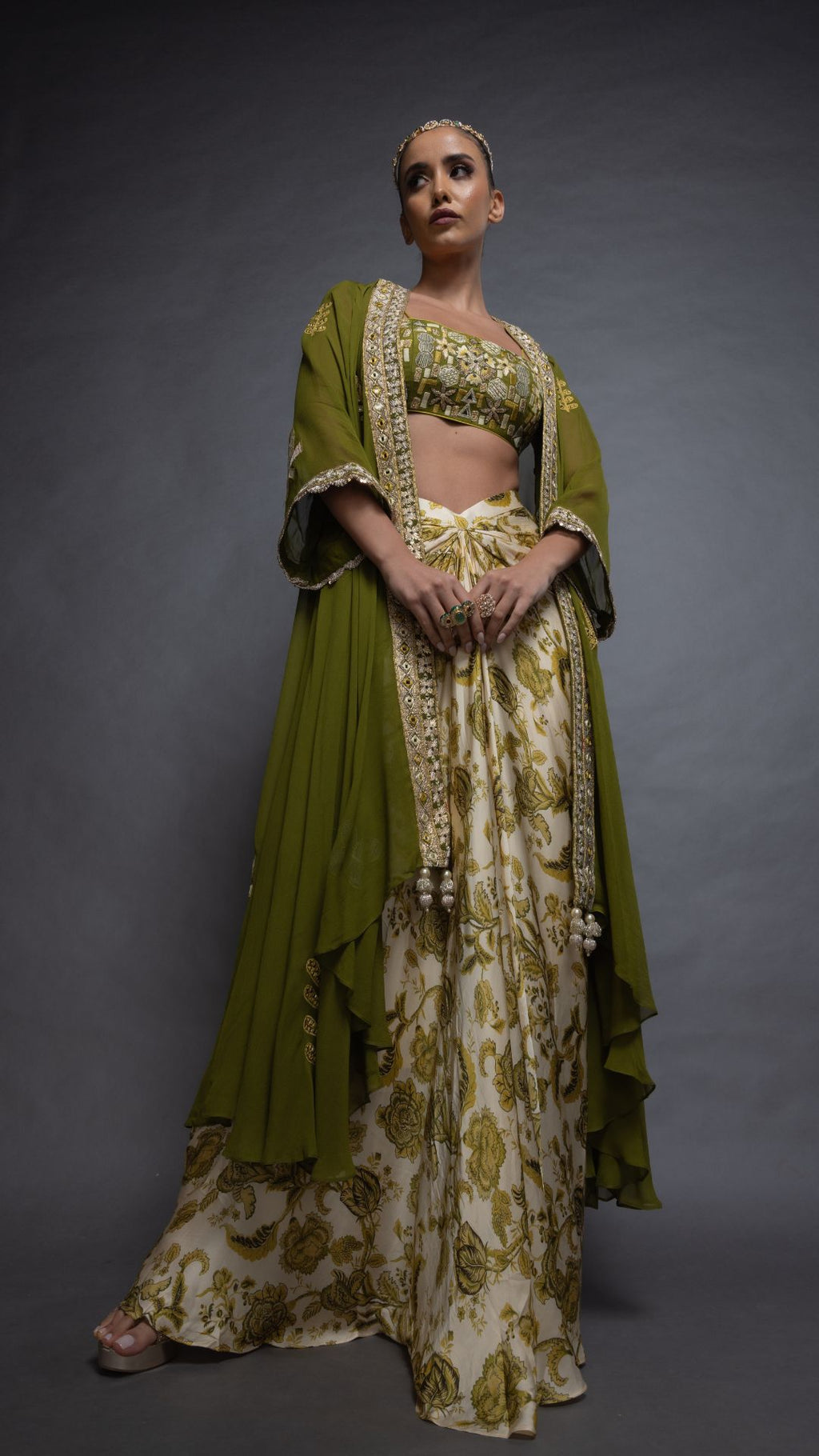 Solid Olive Embroidered Waterfall Cape with Embroiderd Bustier and Abstract Floral Printed Drape Skirt