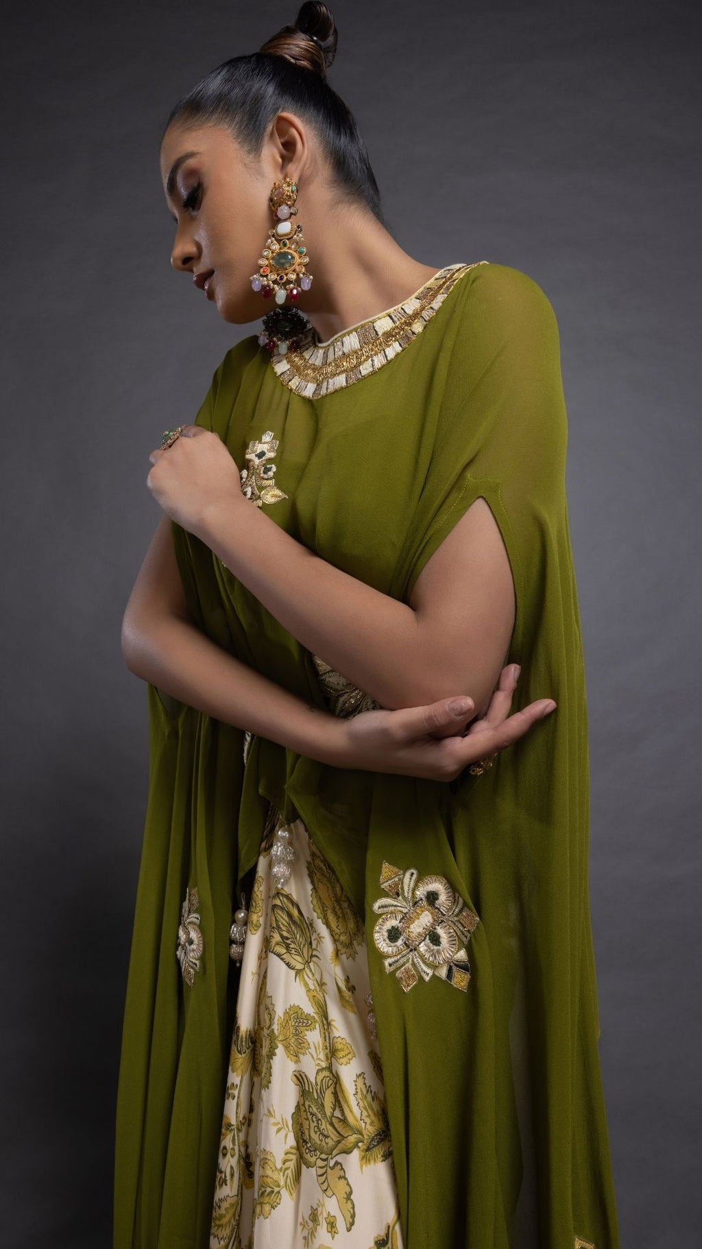 Olive Embroidered Short Closed Neck Poncho with A Bustier and Floral Jaal Printed Drape Skirt