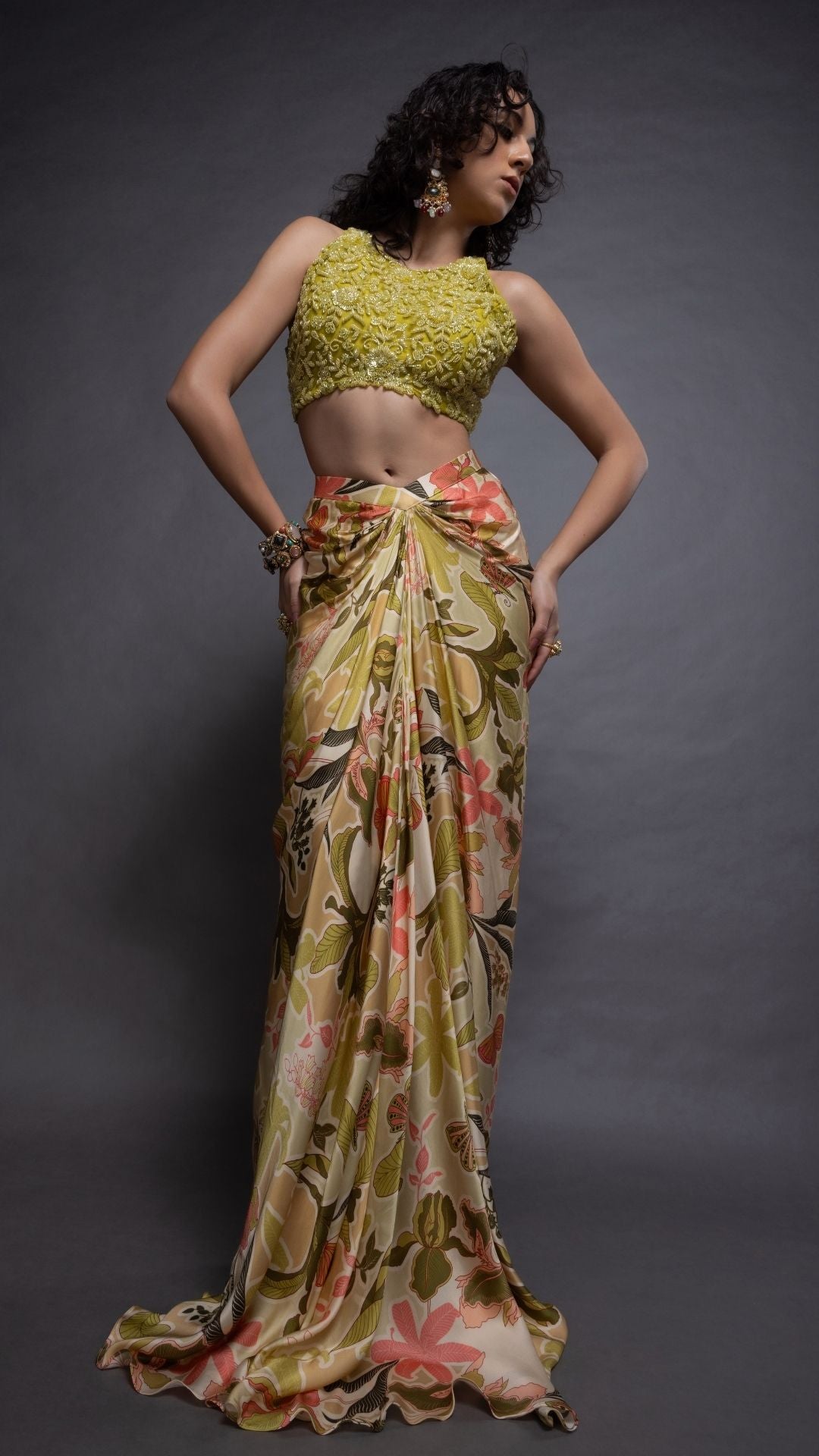 Lime Hand Embroidered Halter Neck Top and Printed Drape Skirt