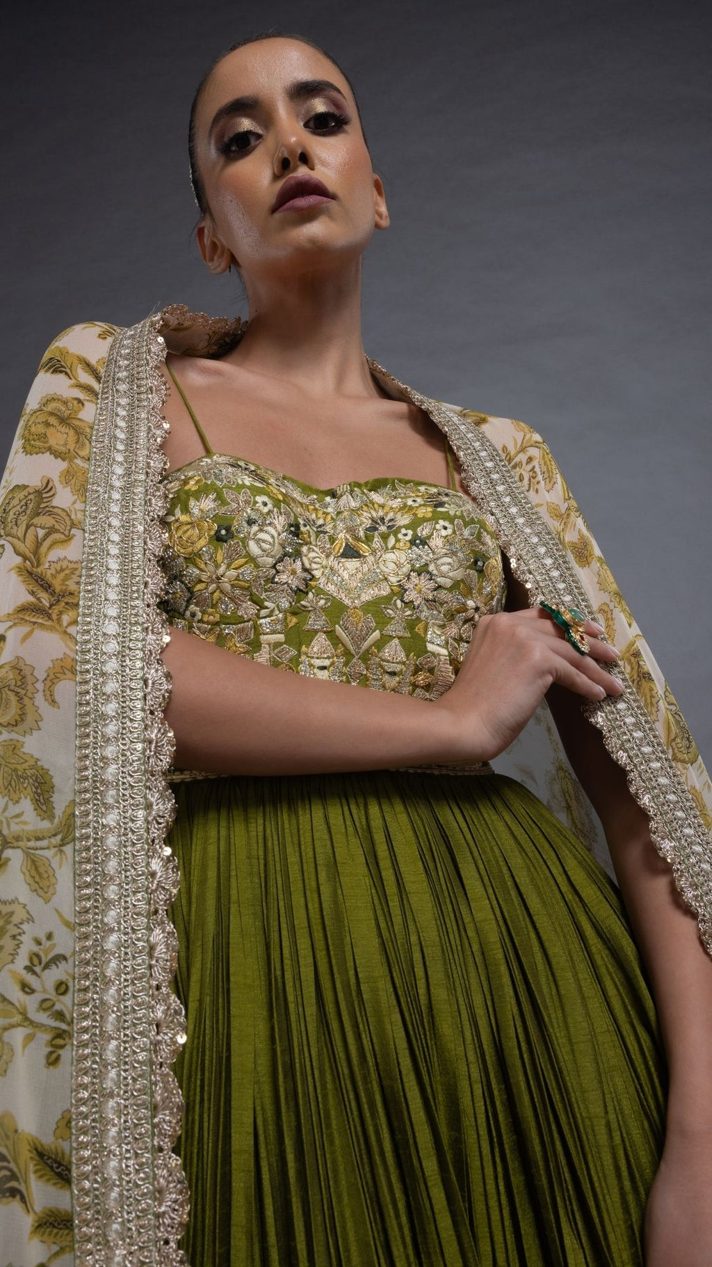 Olive Embroidered Half Cup Bralette Kalidar with Churidar and Printed Dupatta