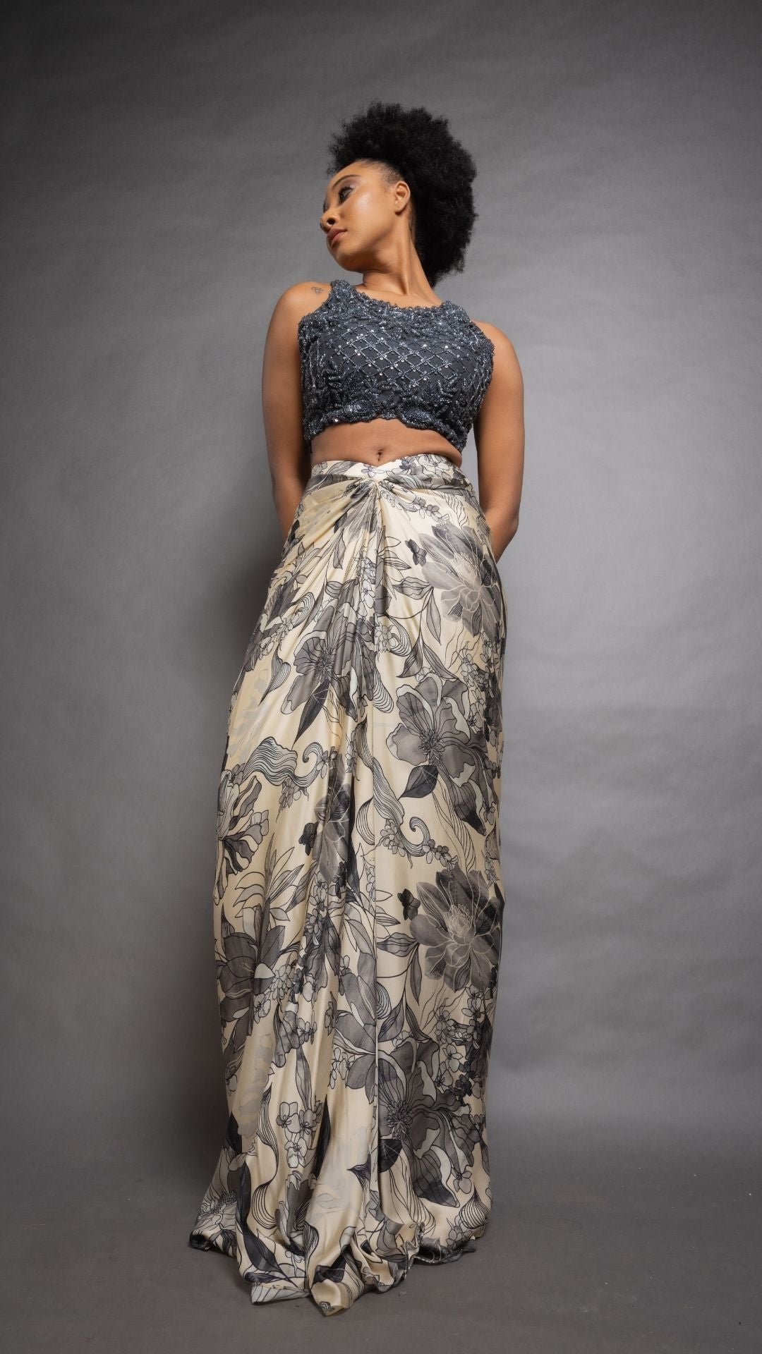 Grey Hand Embroidered Halter Neck Top and Printed Drape Skirt