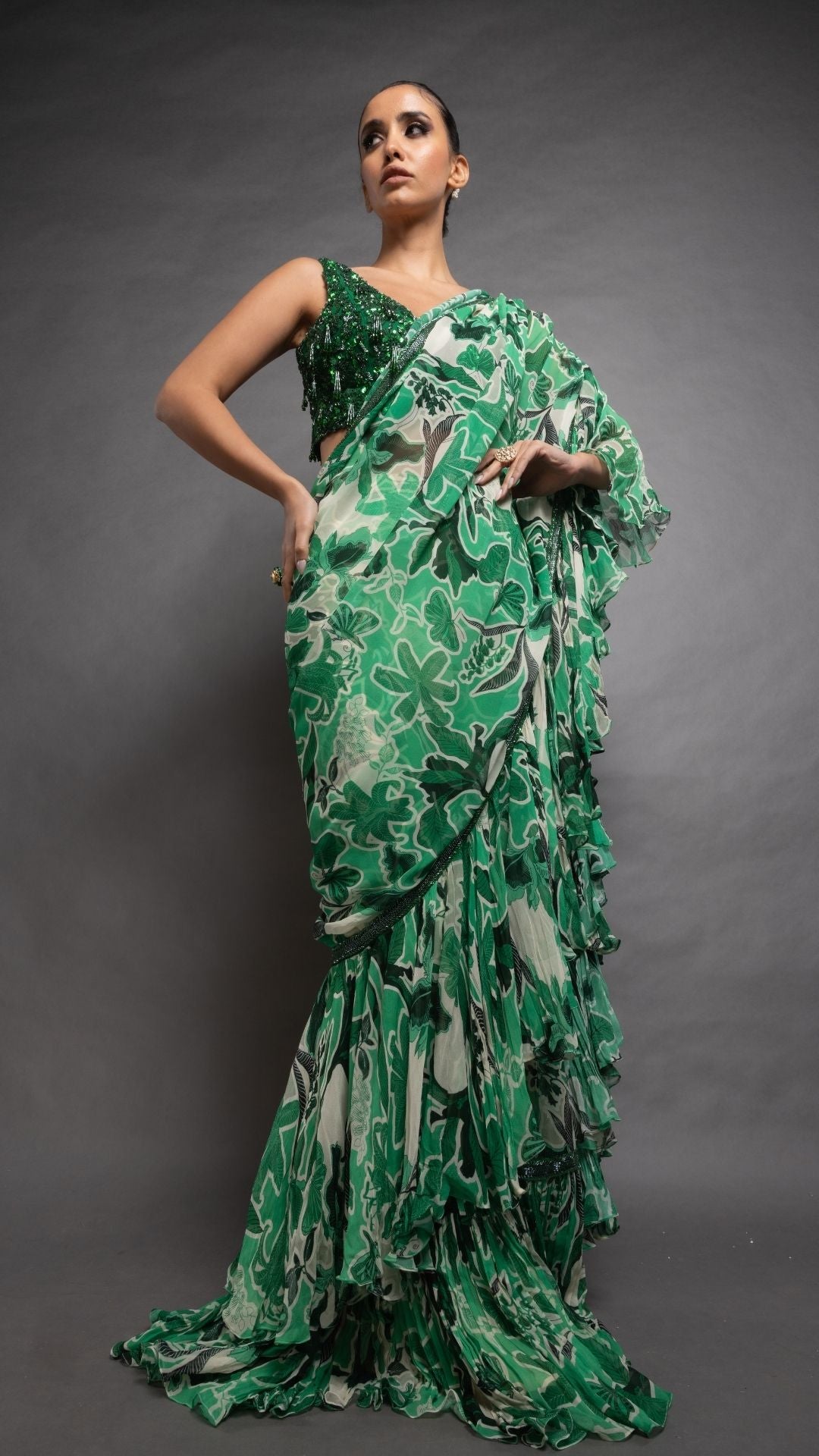 Green Floral Abstract Printed Big Frill Saree with Green V-Neck Embroidered Cutwork Blouse