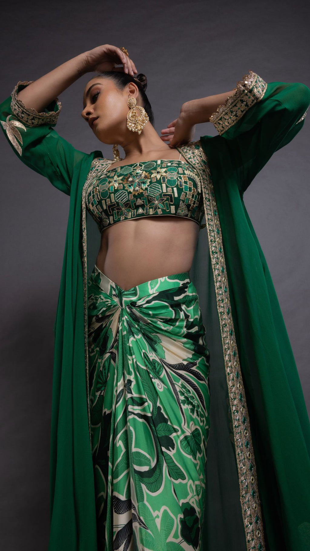 Solid Green Embroidered Waterfall Cape with Embroiderd Bustier and Abstract Floral Printed Drape Skirt
