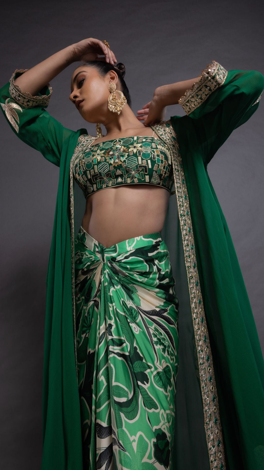 Solid Green Embroidered Waterfall Cape with Embroiderd Bustier and Abstract Floral Printed Drape Skirt