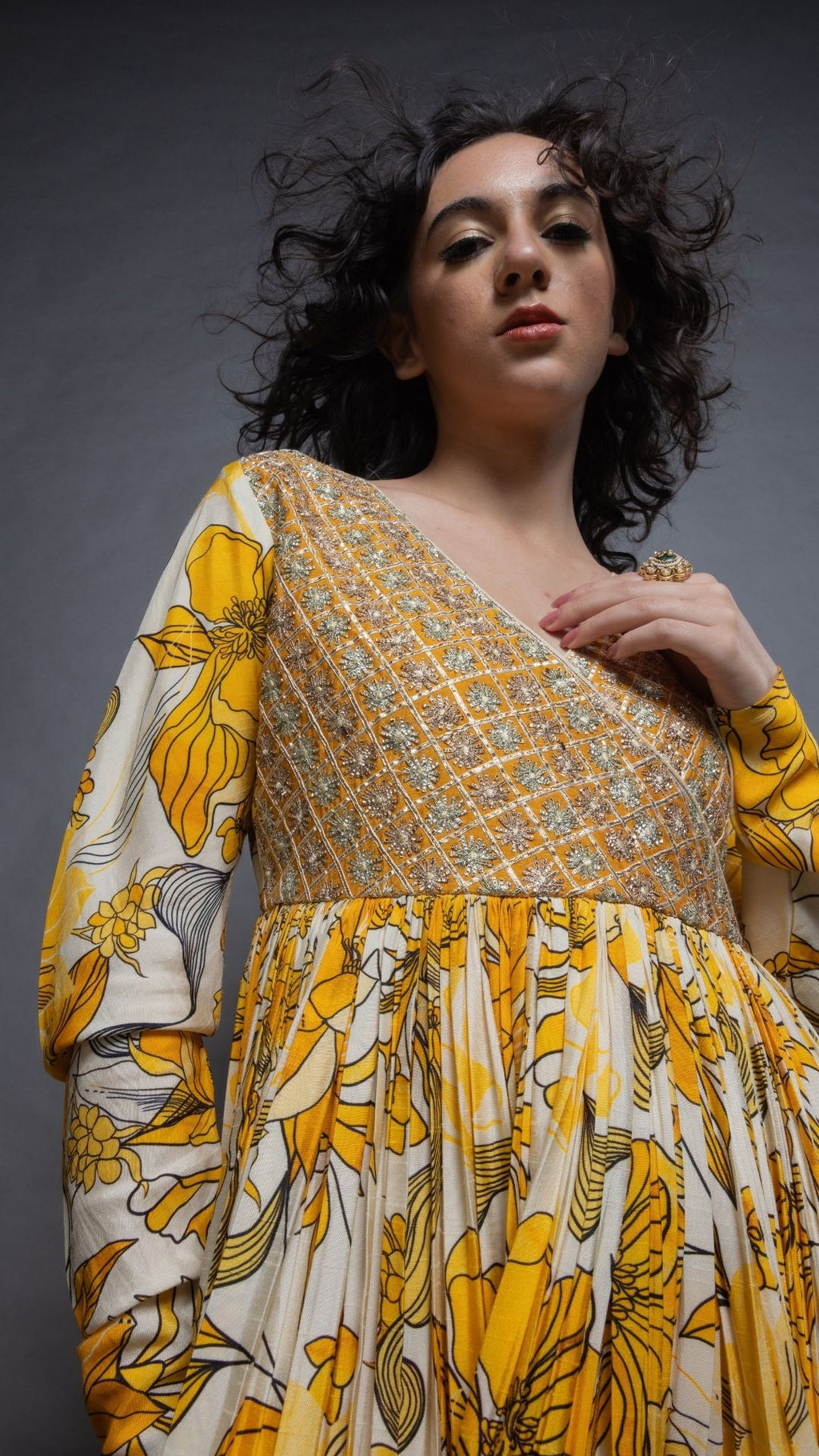 Mustard Embroidered Mock Tie-Up Yoke and Floral Abstract Printed Angrakha with Solid Mustard Pant and Dupatta