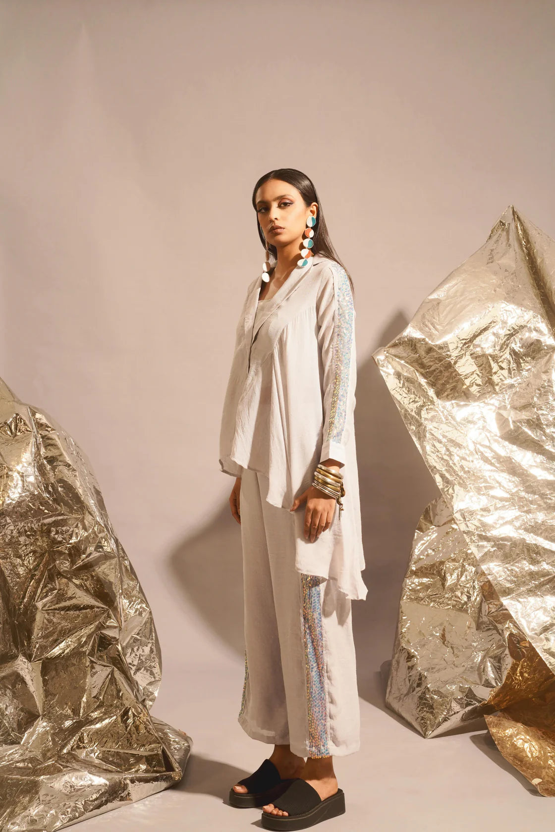 Asymmetric Sequins Shirt Set