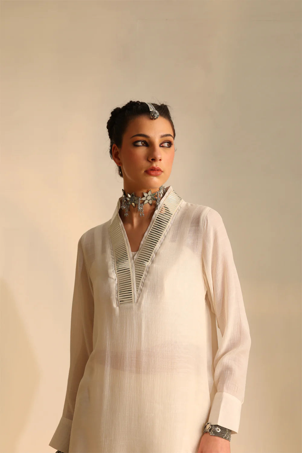 Overlap collar foil tunic set