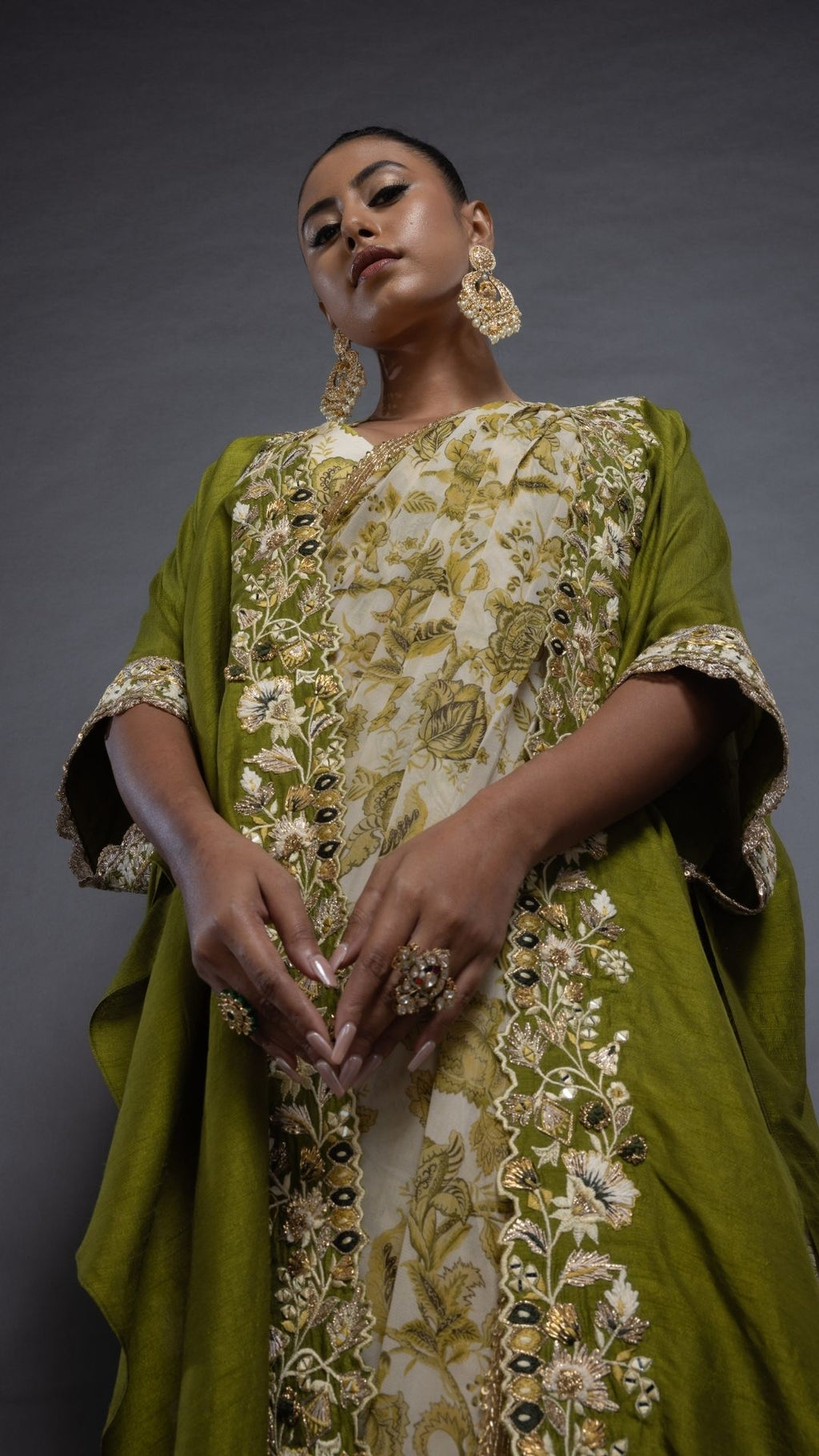 Olive Printed Saree with Printed Bustier and Cutwork Cape with Slit Sleeve