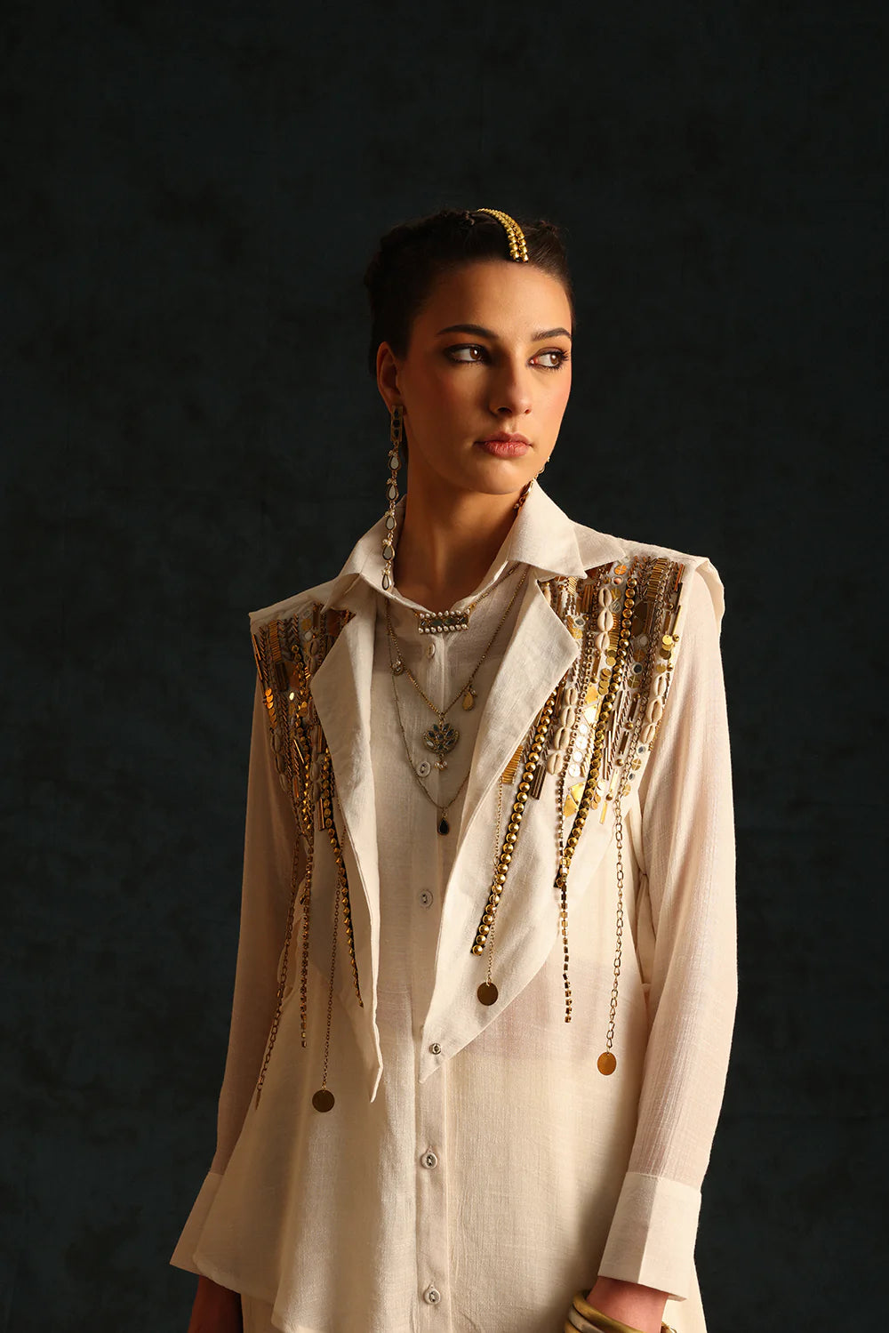 Assymetric shirt set with a cape blazer waistcoat