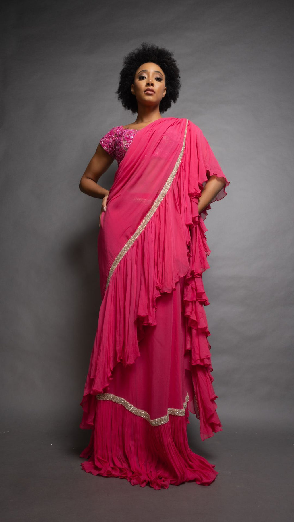 Pink Frill Saree with Embroidered Pan Neck Choli