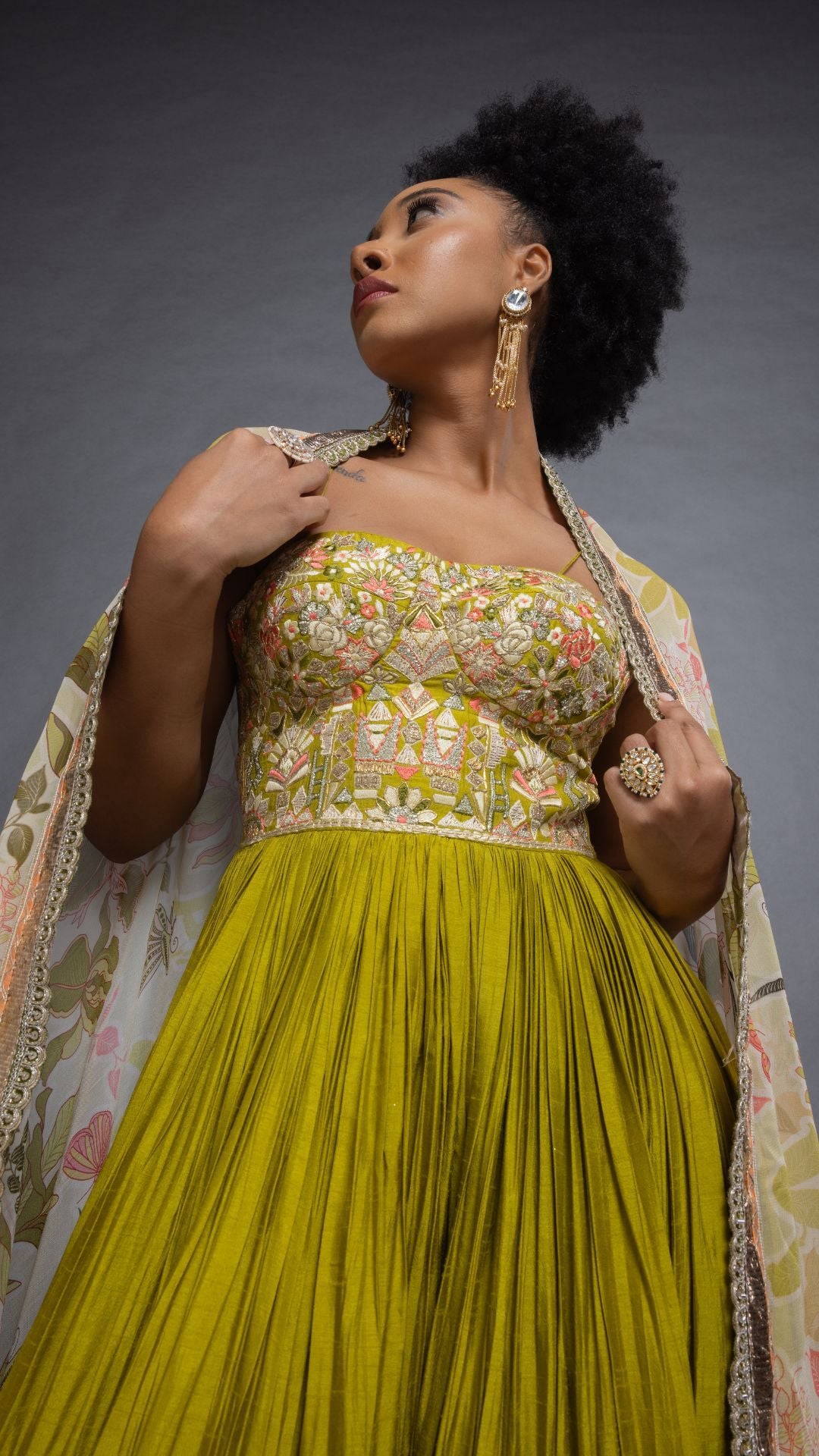 Lime Embroidered Half Cup Bralette Kalidar with Churidar and Printed Dupatta
