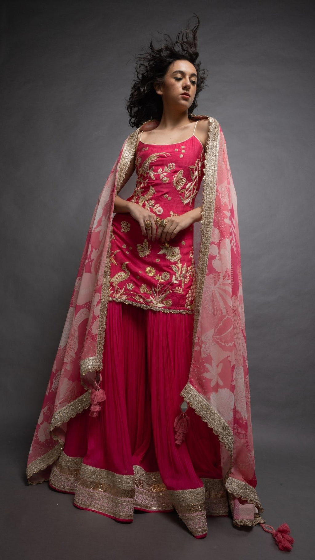 Pink Noodle Strap Kurta with Sharara and Printed Dupatta
