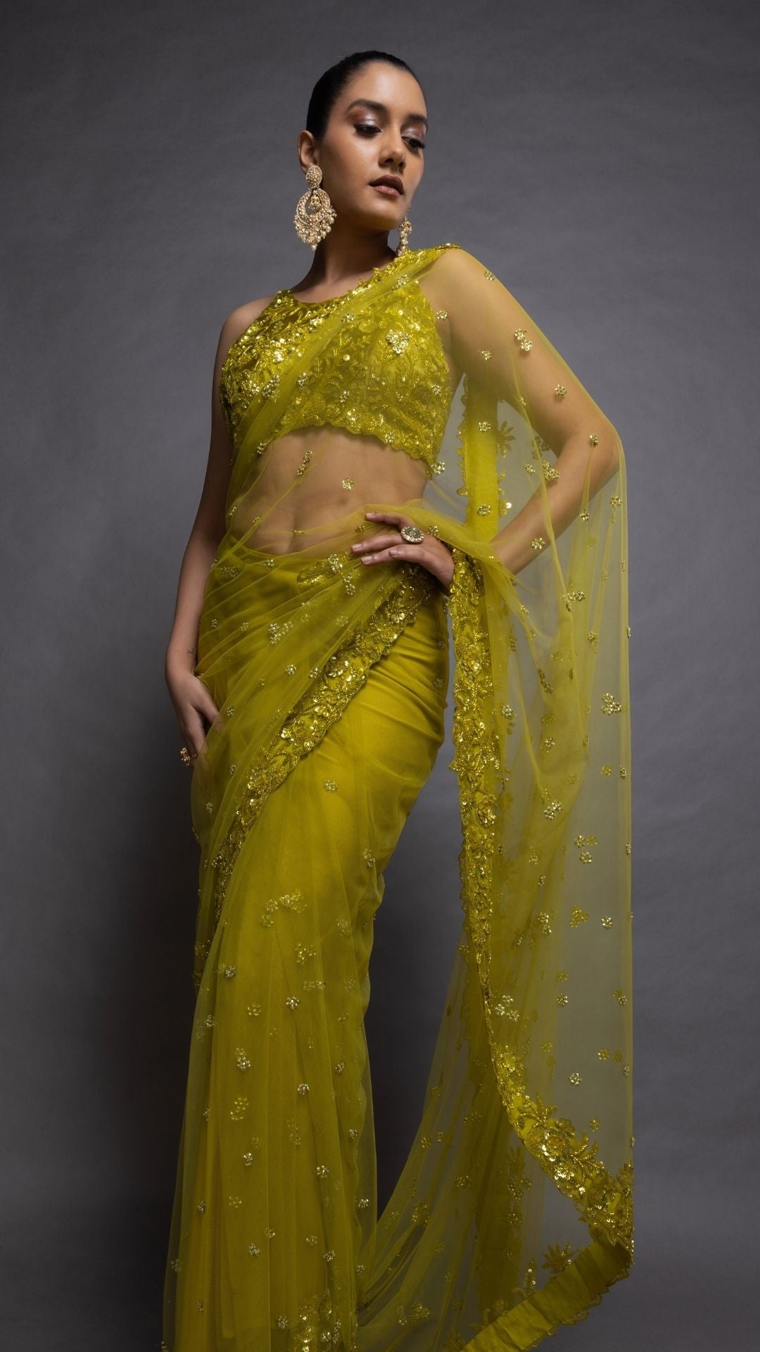 Lime Embroidered Halter Neck Blouse with Lime Embroidered Pre-Stitched Saree