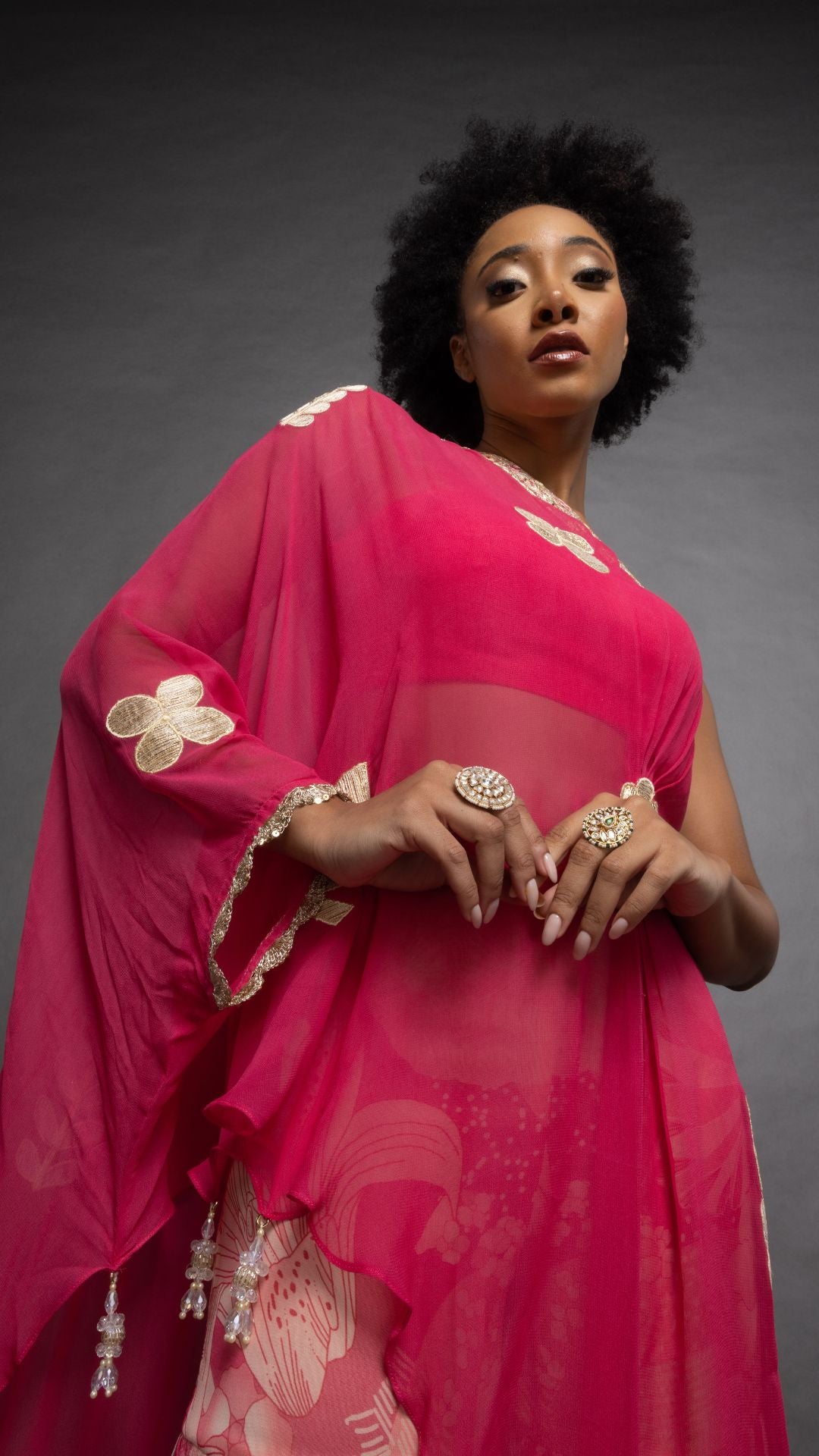 Pink One Shoulder Embroidered Short Poncho with Bustier and Printed Crushed Sharara