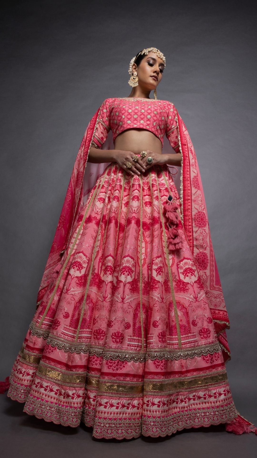 Pink Floral Placement Printed Close Neck Half Sleeves Blouse with Floral Placement Printed Lehenga and Dupatta