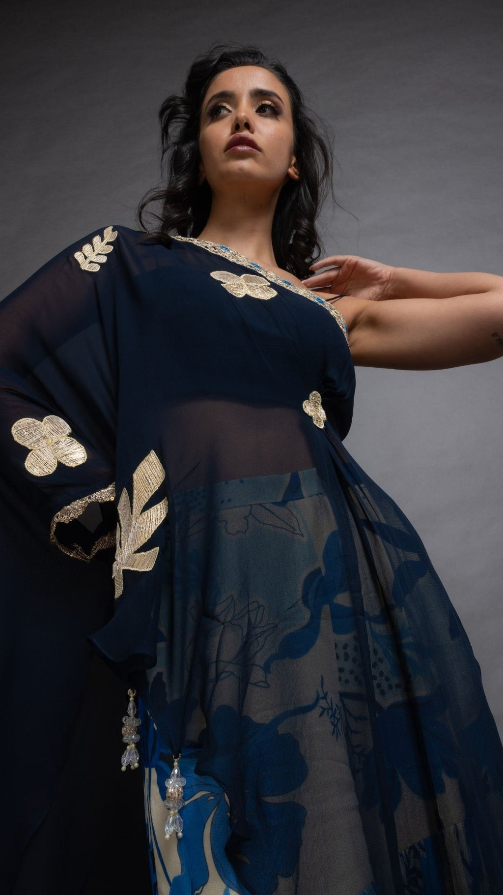 Blue One Shoulder Embroidered Short Poncho with Bustier and Printed Crushed Sharara