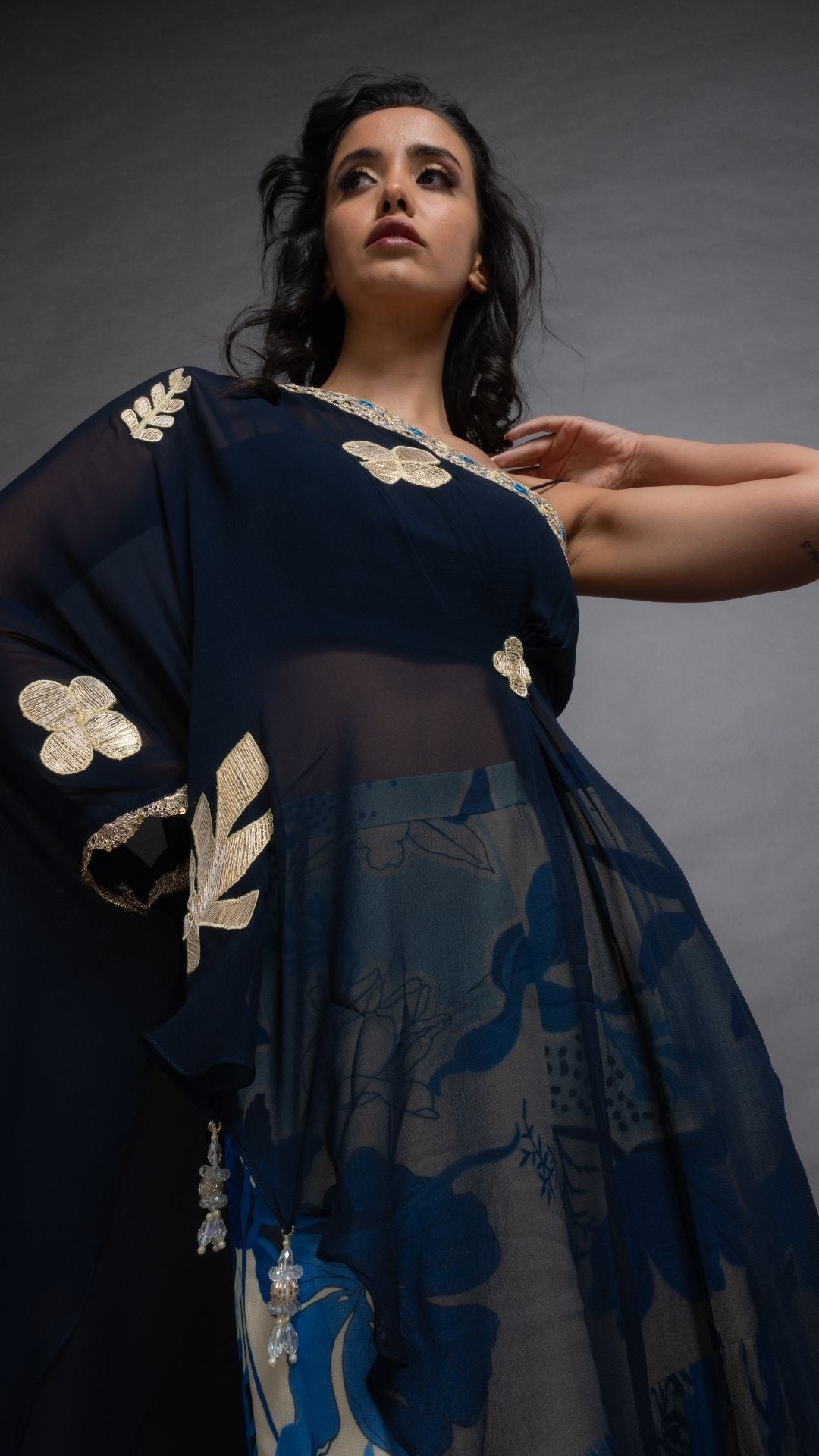Blue One Shoulder Embroidered Short Poncho with Bustier and Printed Crushed Sharara