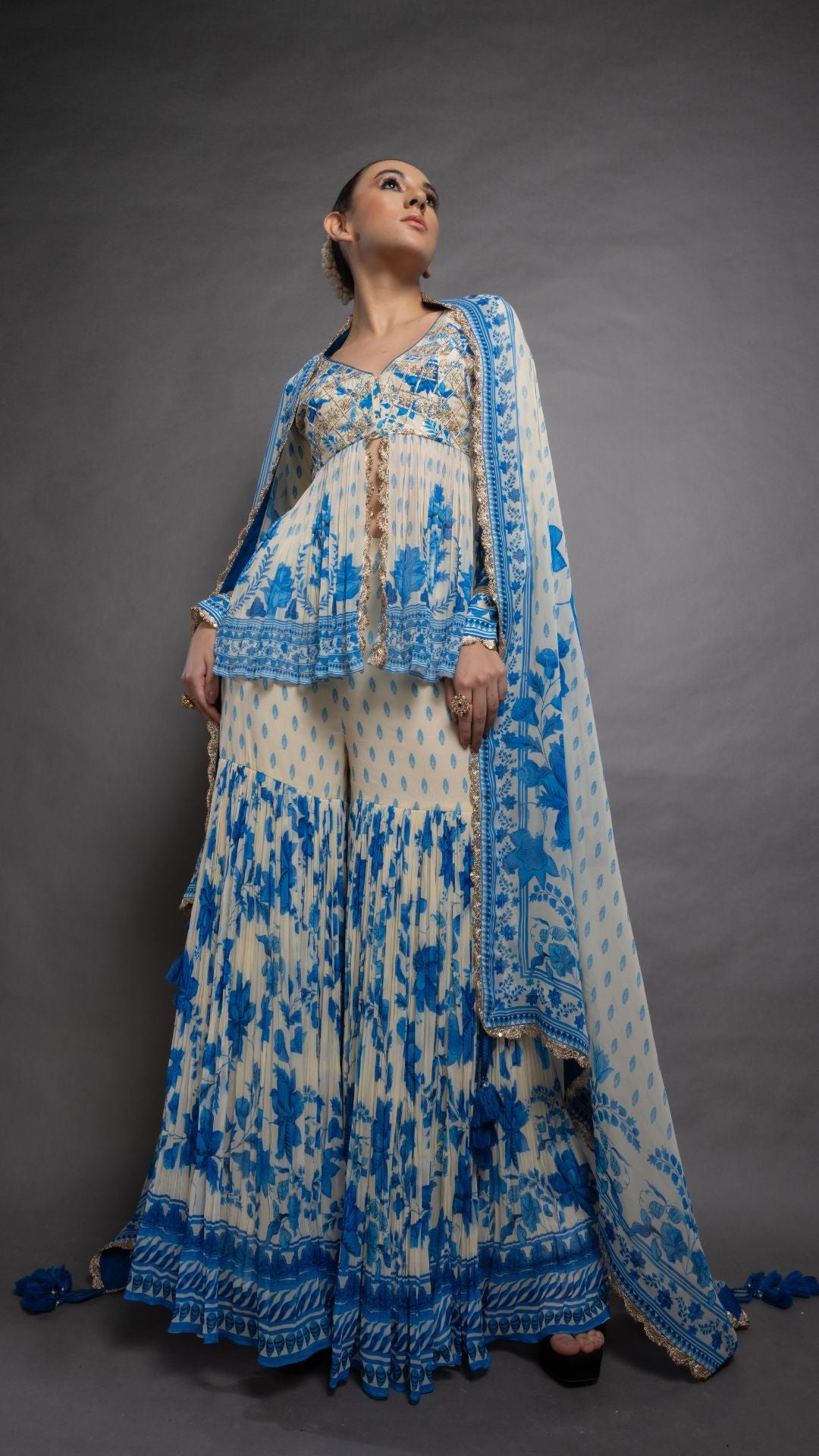 Blue Placement Printed Peplum Sharara and Dupatta
