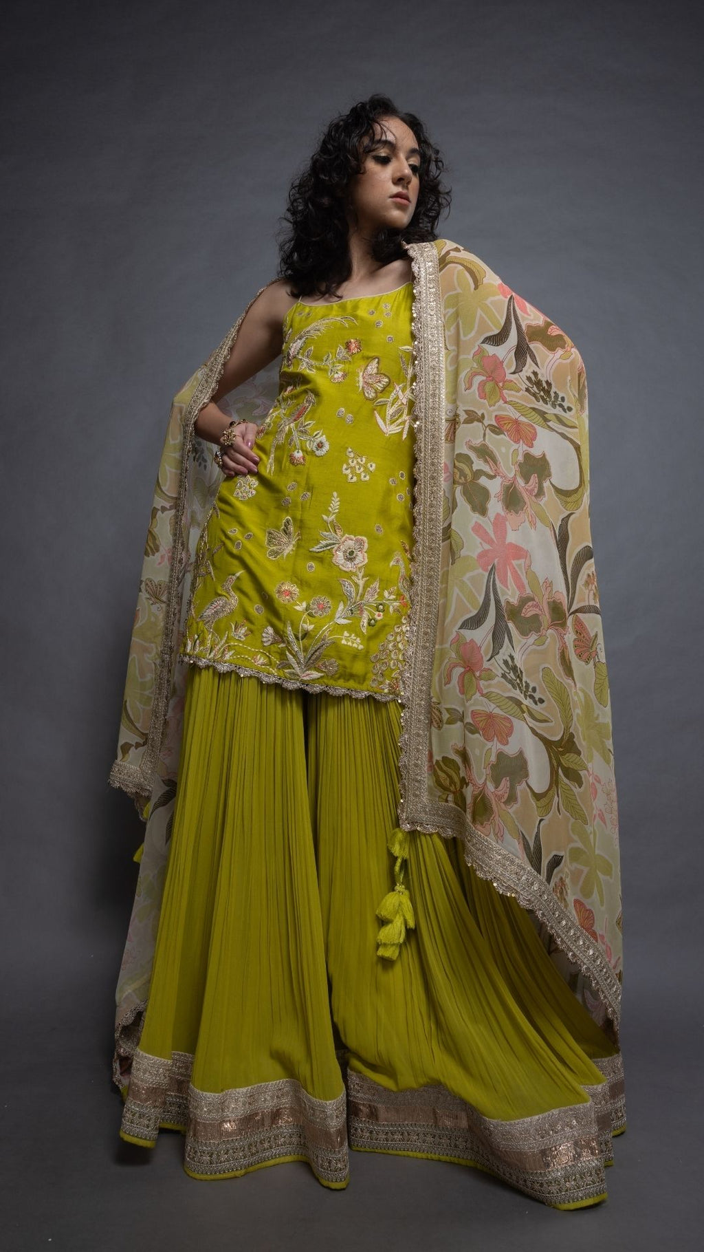 Lime Noodle Strap Kurta with Sharara and Printed Dupatta