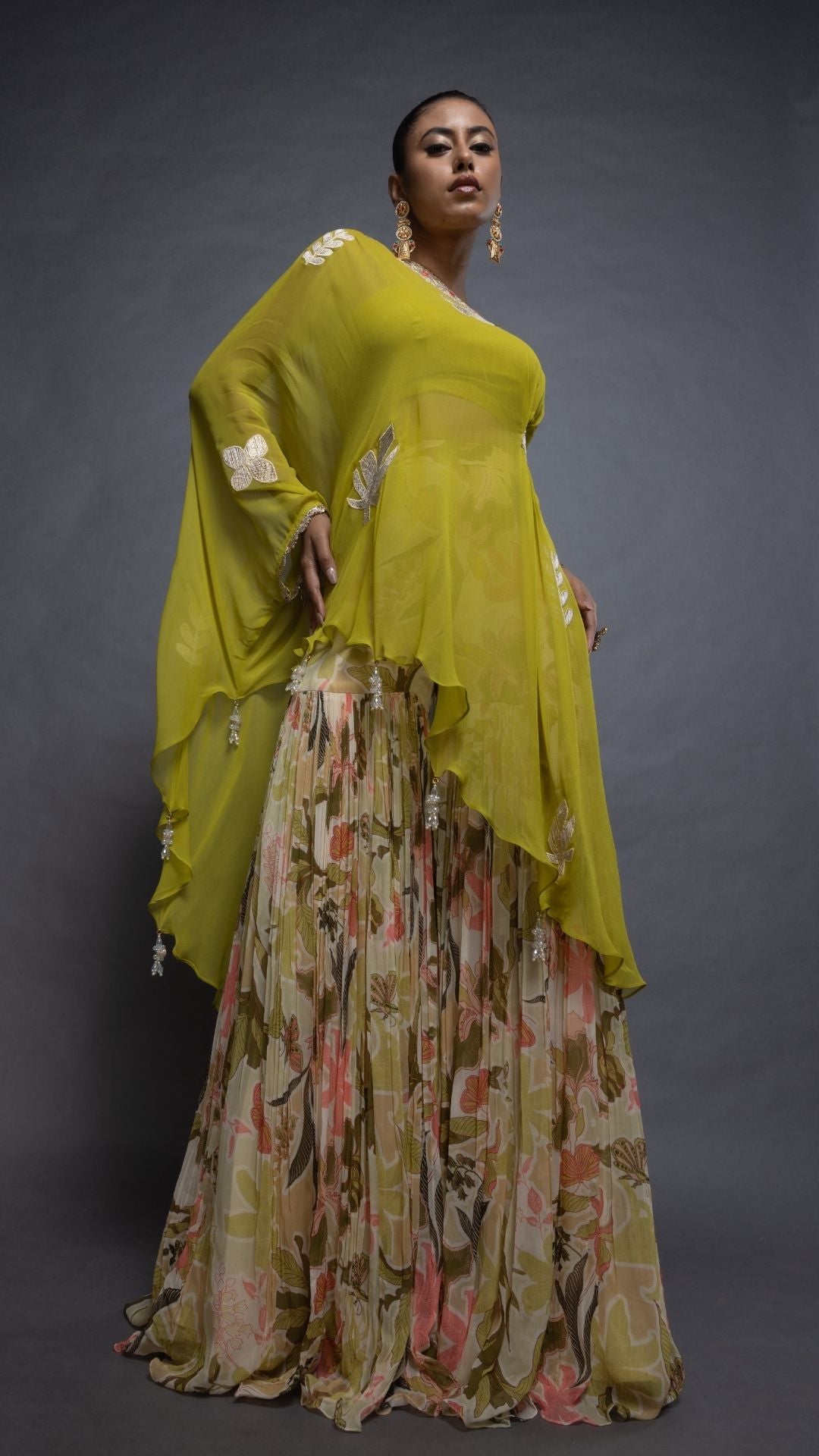 Lime Green One Shoulder Embroidered Short Poncho with Bustier and Printed Crushed Sharara