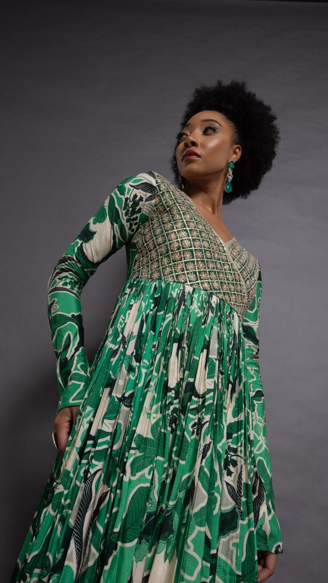 Green Embroidered Mock Tie-Up Yoke and Floral Abstract Printed Angrakha with Solid Green Pant and Dupatta.