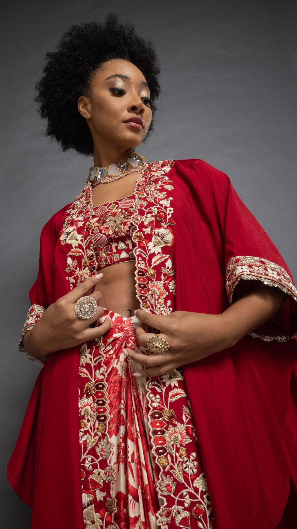 Red Silk Cutwork Embroiderd Cape with Red Embroidered Bustier and Modal Printed Drape Skirt