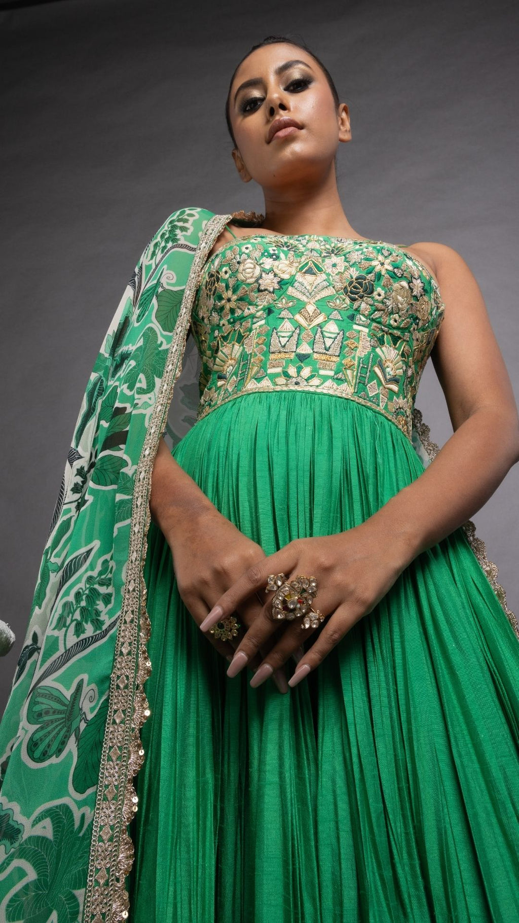 Green Embroidered Half Cup Bralette Kalidar with Churidar and Printed Dupatta