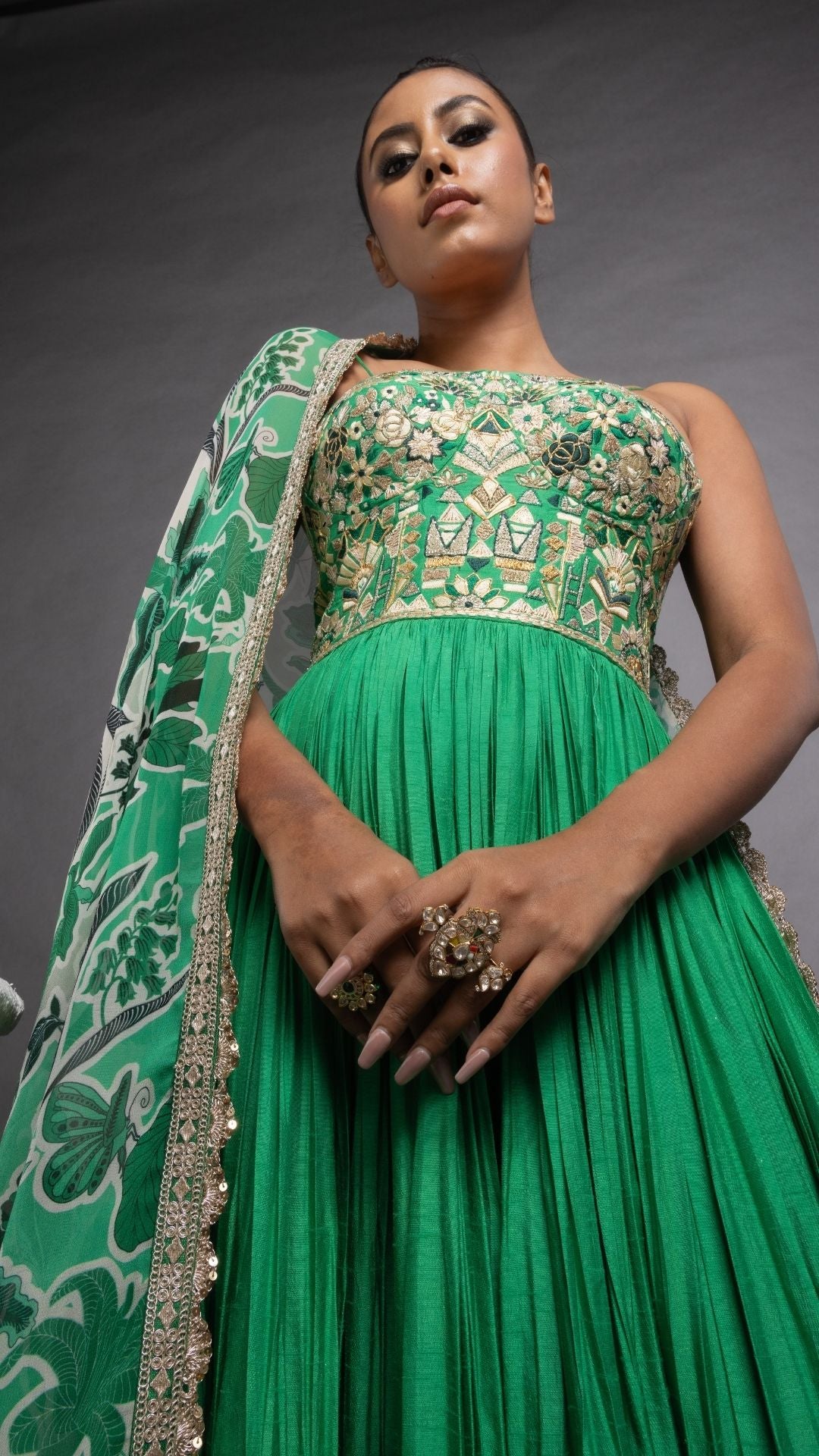 Green Embroidered Half Cup Bralette Kalidar with Churidar and Printed Dupatta