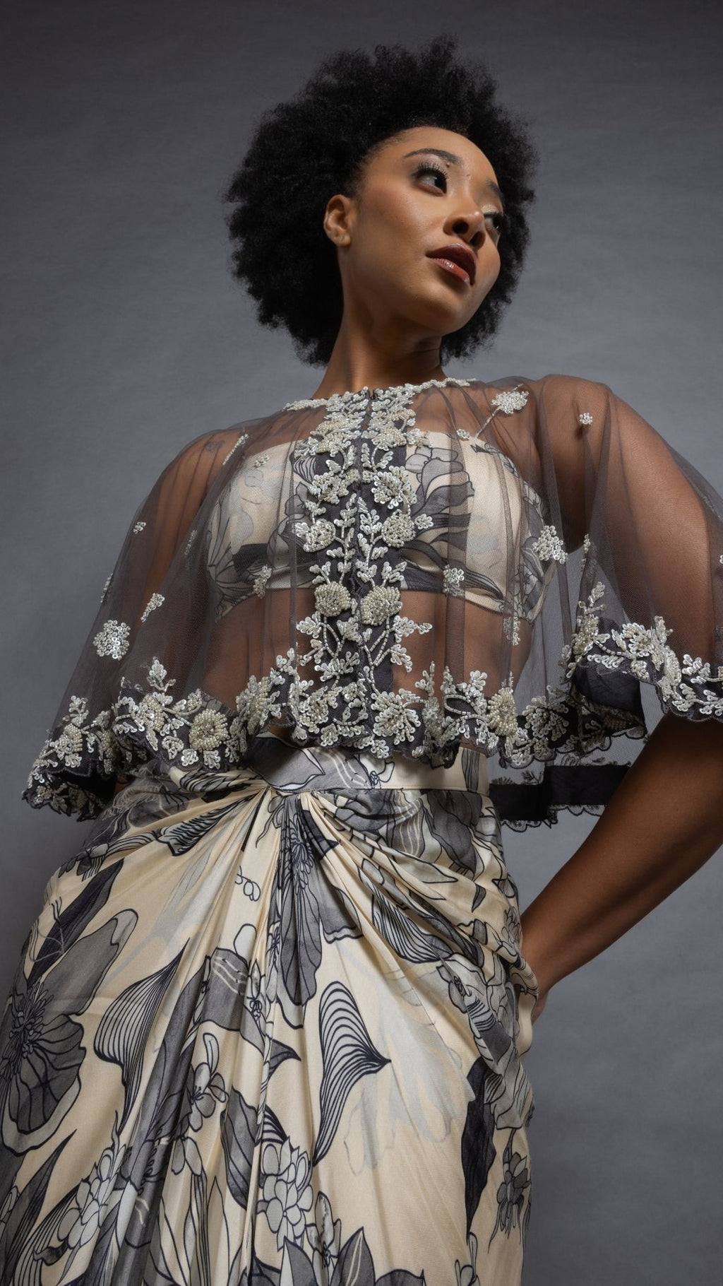 Solid Grey Embroidered Single Button Short Cape with Abstract Printed Bustier and Floral Abstract Printed Drape Skirt