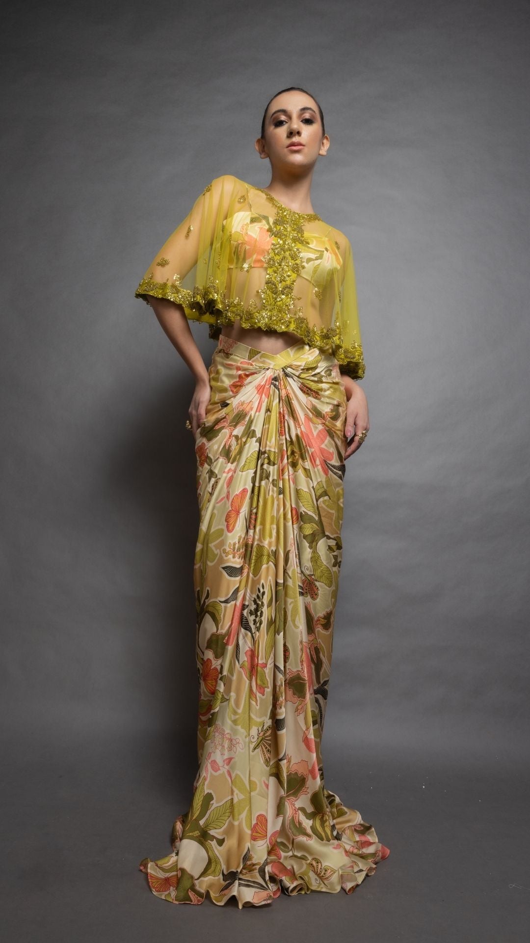 Solid Light Green Embroidered Single Button Short Cape with Abstract Printed Bustier and Floral Abstract Printed Drape Skirt