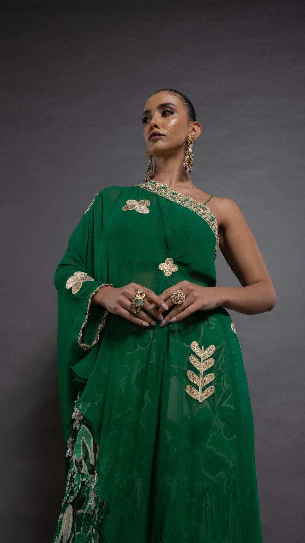 Green One Shoulder Embroidered Short Poncho with Bustier and Printed Crushed Sharara
