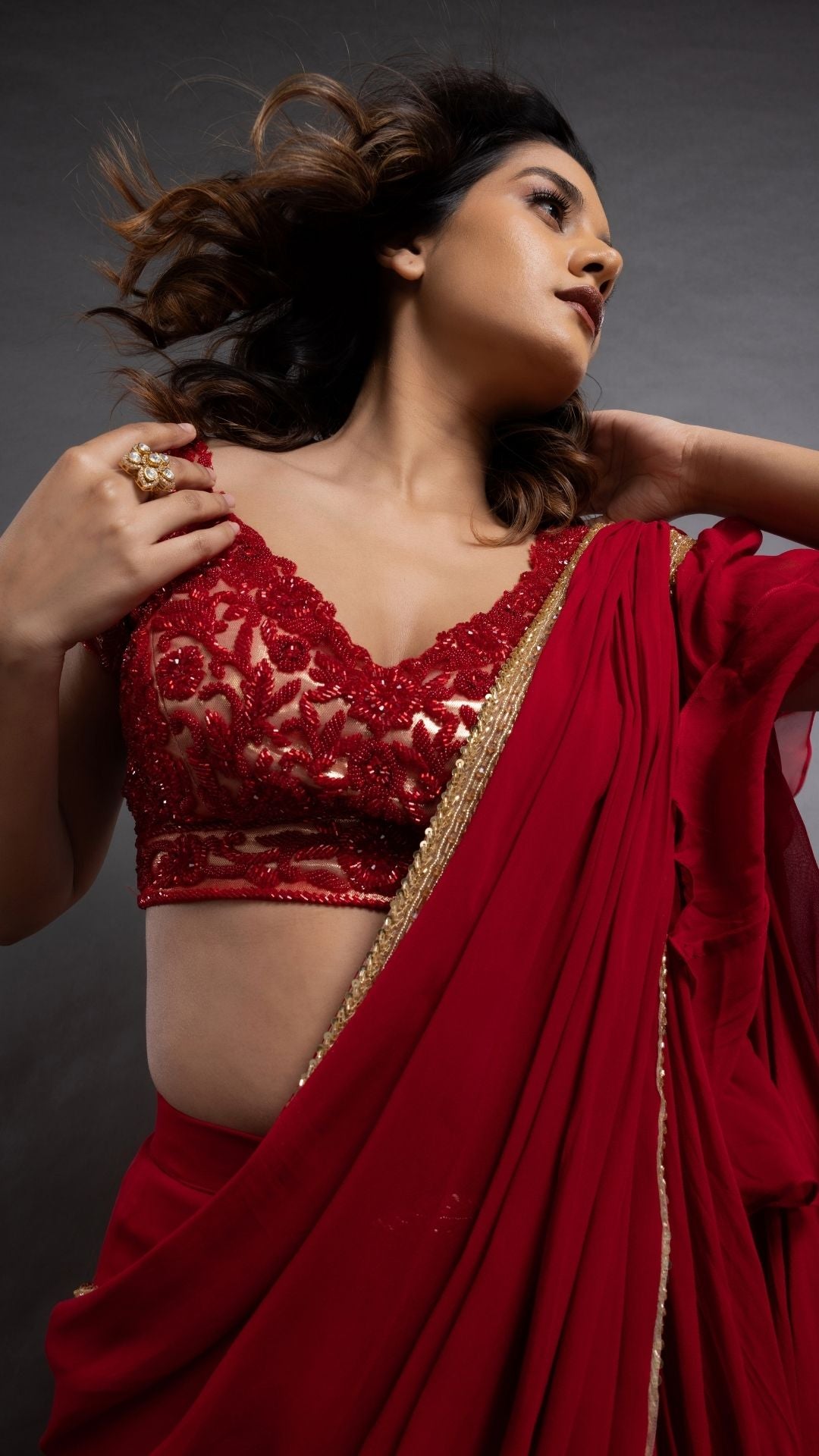 Red Frill Saree with Embroidered Pan Neck Choli