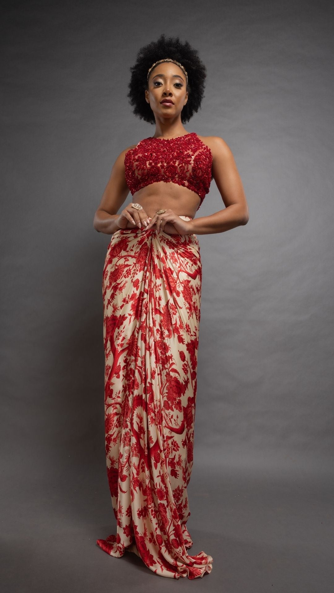 Red Hand Embroidered Halter Neck Top and Printed Drape Skirt
