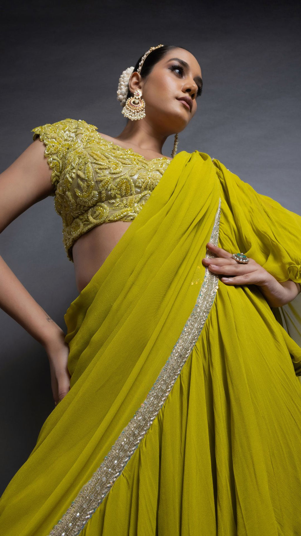 Lime Green Frill Saree with Embroidered Pan Neck Choli