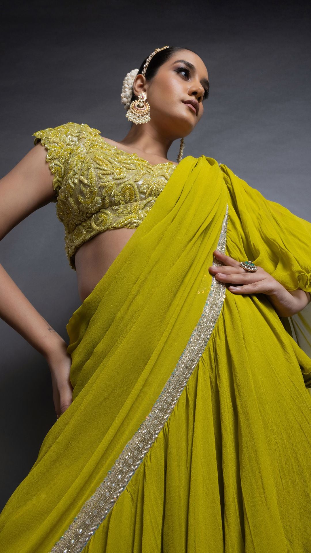 Lime Green Frill Saree with Embroidered Pan Neck Choli