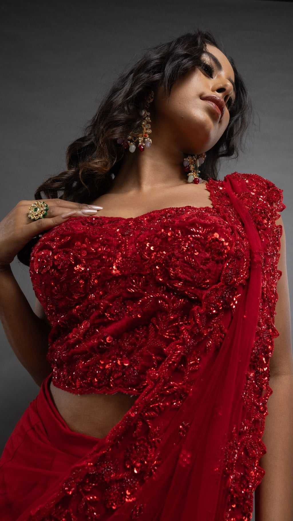 Red Embroidered Half Cup Bralette with Red Embroidered Pre-Stitched Saree