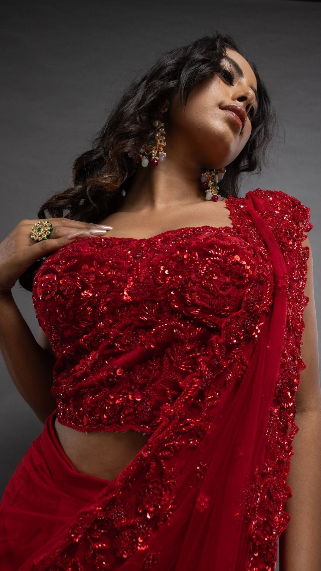 Red Embroidered Half Cup Bralette with Red Embroidered Pre-Stitched Saree