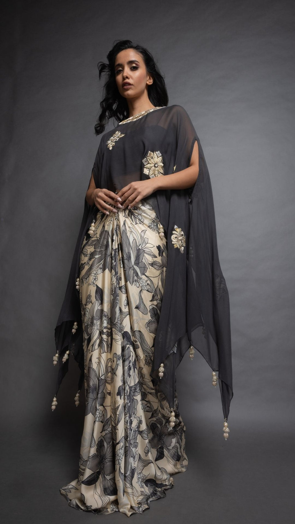 Grey Embroidered Short Closed Neck Poncho with A Bustier and Floral Abstract Printed Drape Skirt