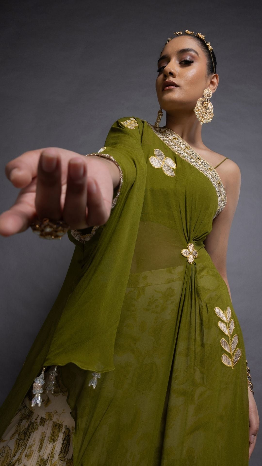 Olive One Shoulder Embroidered Short Poncho with Bustier and Printed Crushed Sharara
