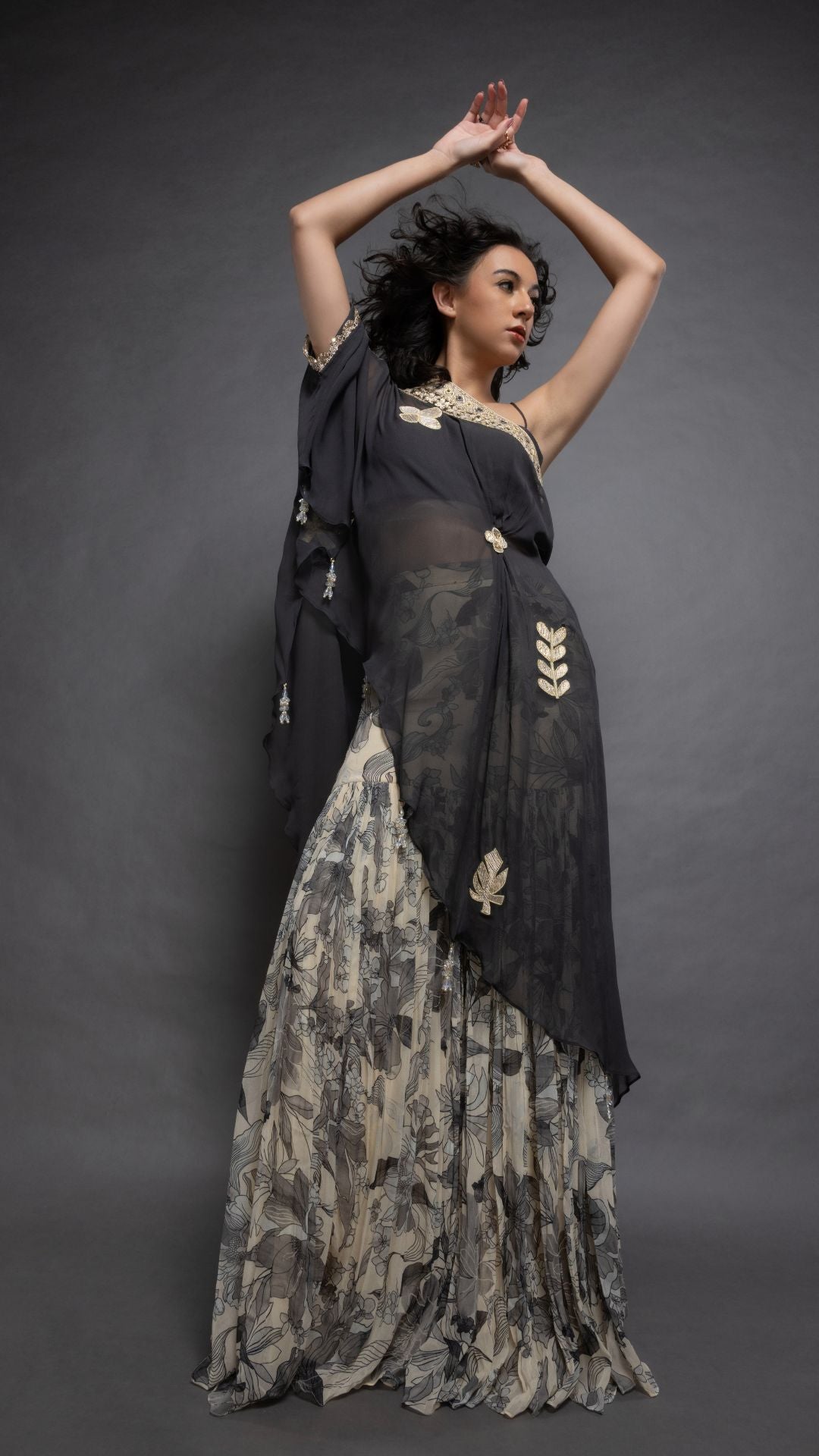 Grey One Shoulder Embroidered Short Poncho with Bustier and Printed Crushed Sharara