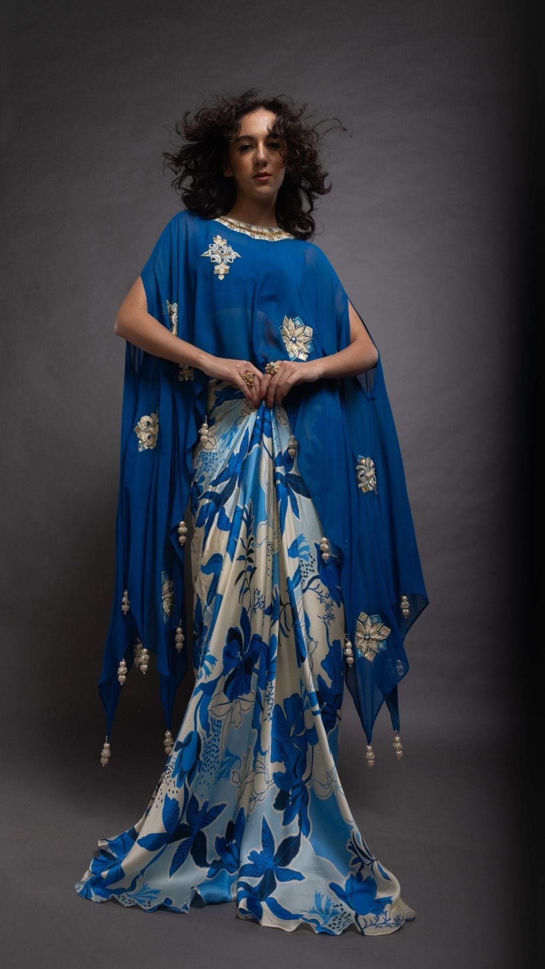 Royal Blue Embroidered Short Closed Neck Poncho with A Bustier and Floral Abstract Printed Drape Skirt