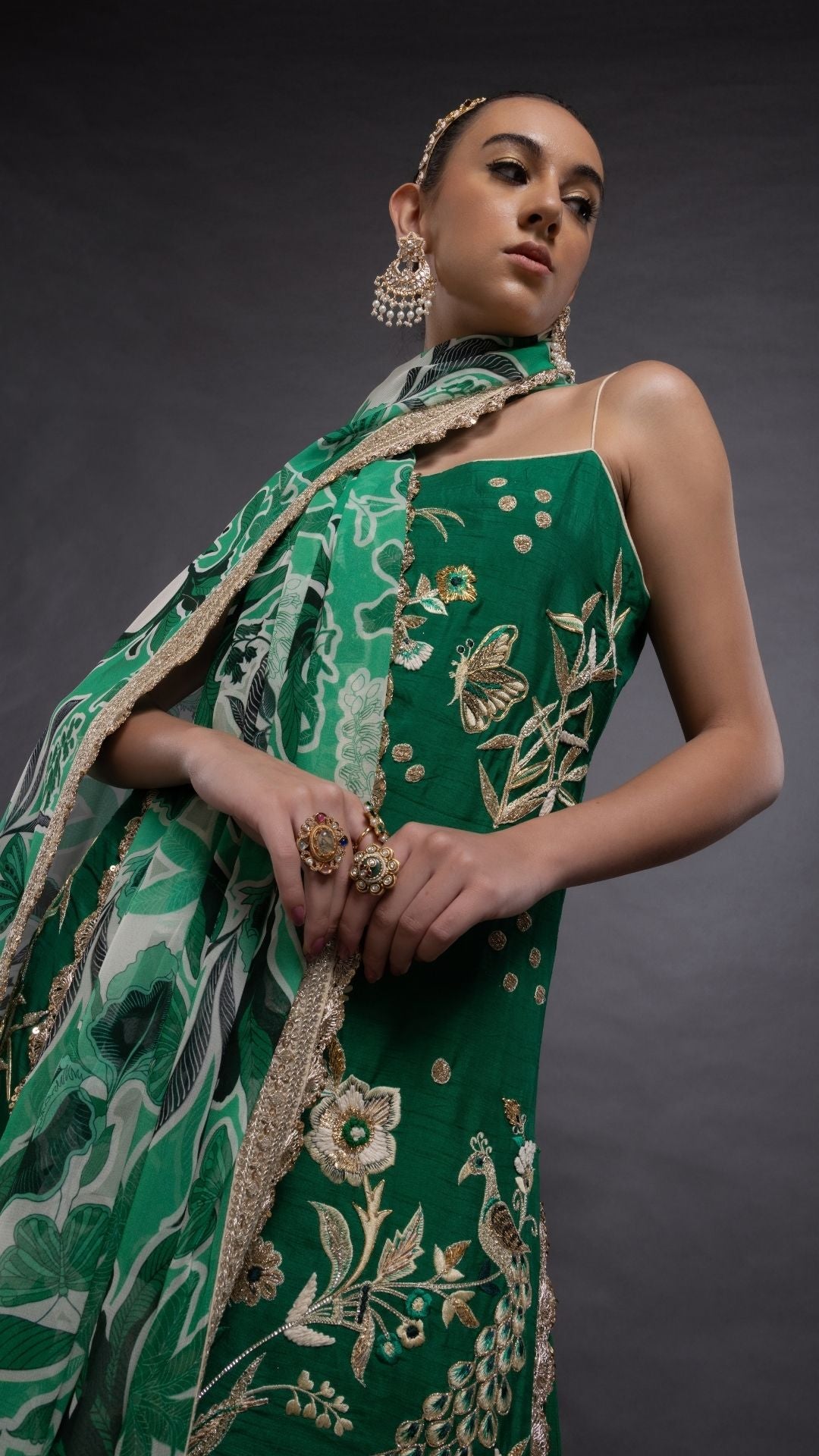 Green Noodle Strap Kurta with Sharara and Printed Dupatta
