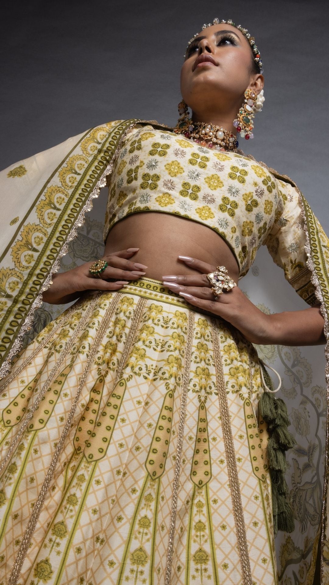 Olive Floral Placement Printed Close Neck Half Sleeves Blouse with Floral Placement Printed Lehenga and Dupatta