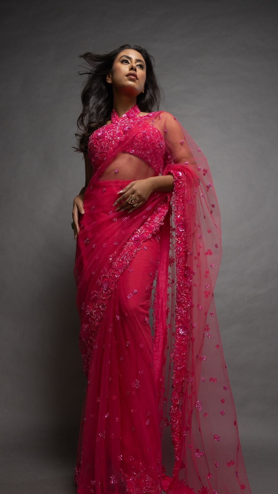 Pink Embroidered Around The Neck Choli with Pink Embroidered Pre-Stitched Saree