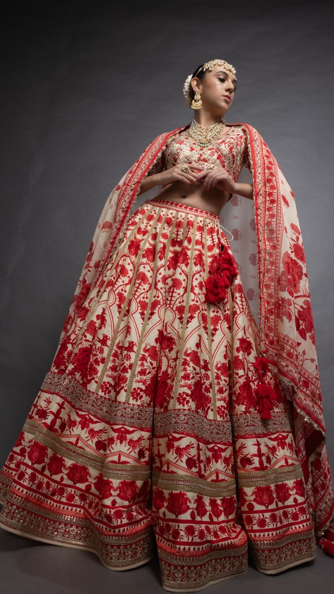 Red Floral Placement Printed Paan Neck Half Sleeves Blouse with Floral Placement Printed Lehenga and Dupatta
